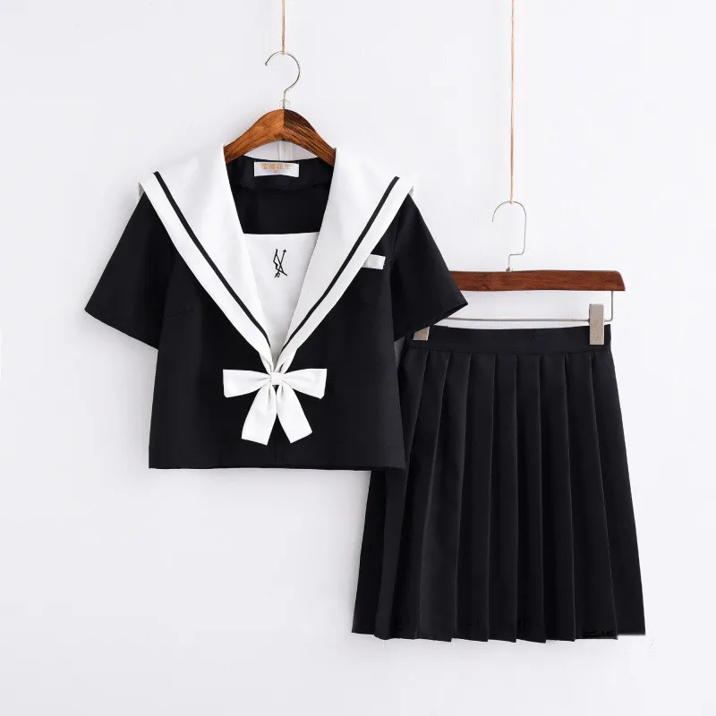 Черная любовь стрелы вышивка японская школьная форма девушки средней школы женщин Новинка Косплей моряка костюмы униформы s-xxl - Цвет: Short Sleeve Set