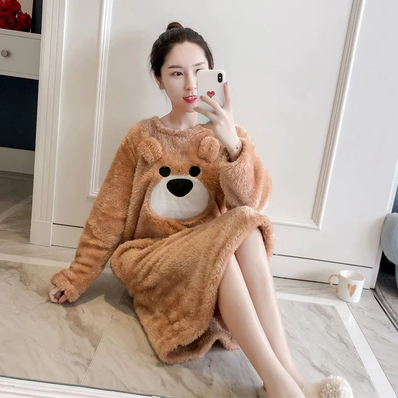 

Women Nightgowns long-sleeved warm flannel nightdress cartoon home clothing round neck dress nighty autumn and winter 2018 new