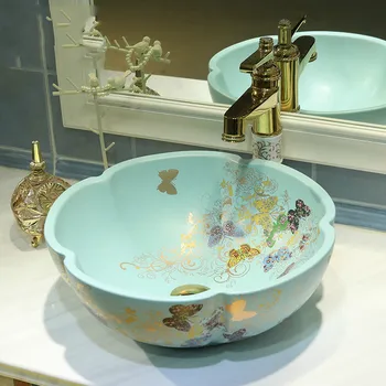 

Jingdezhen Ceramic Golden Butterfly Garden Sinks Counter Top Wash Basin Bathroom Vessel Sinks vanities artistic wash basin blue