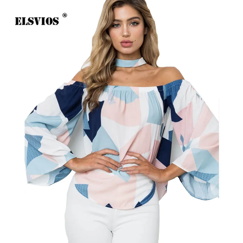 ELSVIOS 2019 Новая летняя блуза с геометрическим принтом пикантные Для женщин с открытыми плечами длинными расклешенными рукавами Blusa