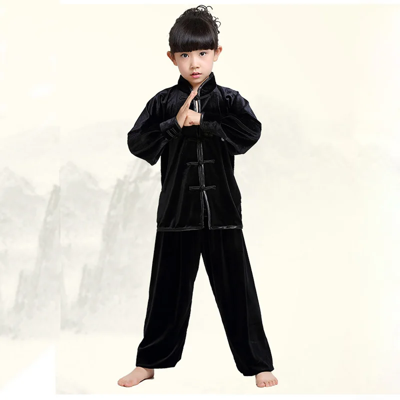 Детский бархатный костюм для мальчиков и девочек, традиционный китайский костюм Ушу, одежда в стиле кимоно, костюм кунг-фу, тайцзи, форма для боевых искусств