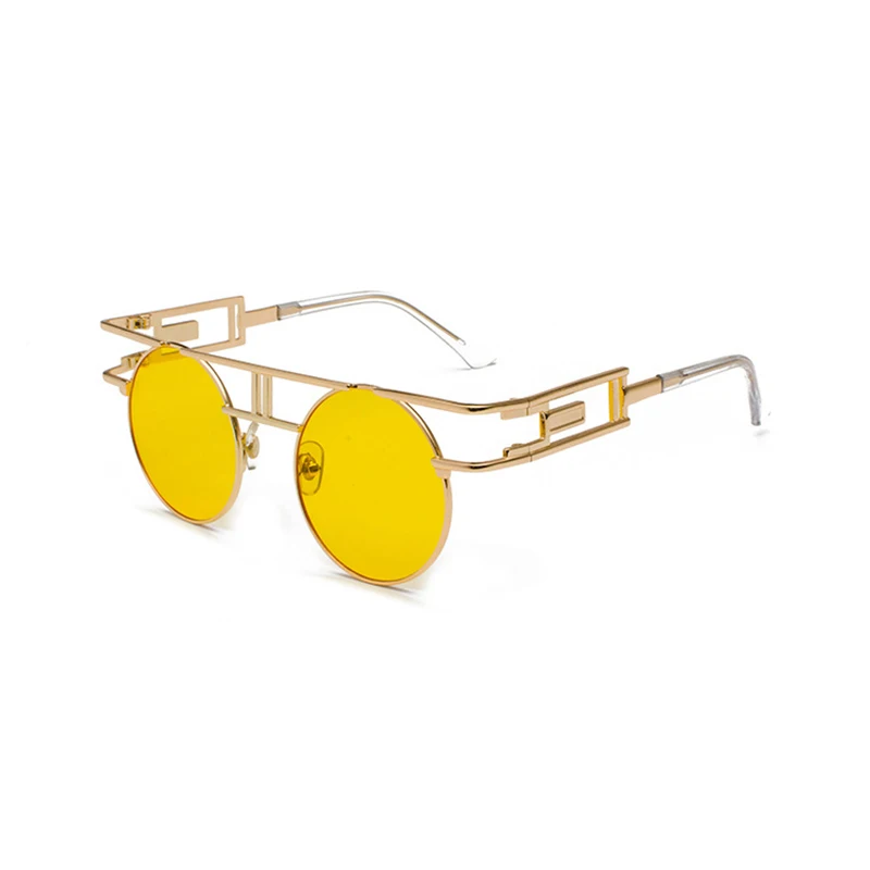 Модные круглые мужские солнцезащитные очки в стиле стимпанк, женские солнцезащитные очки в металлической оправе, Ретро готический дизайн, Винтажные Солнцезащитные очки, стильные солнцезащитные очки Oculos De Sol - Цвет линз: Gold Yellow