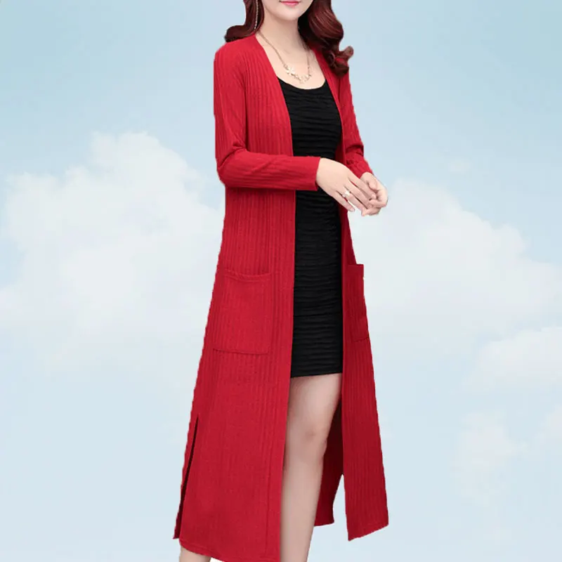 Spring Autumn Female Cardigan 2019 New Korean Version Long Sleeve Sweater Women Over The knee Shawl Red Wine Feminine Coat SS50 |