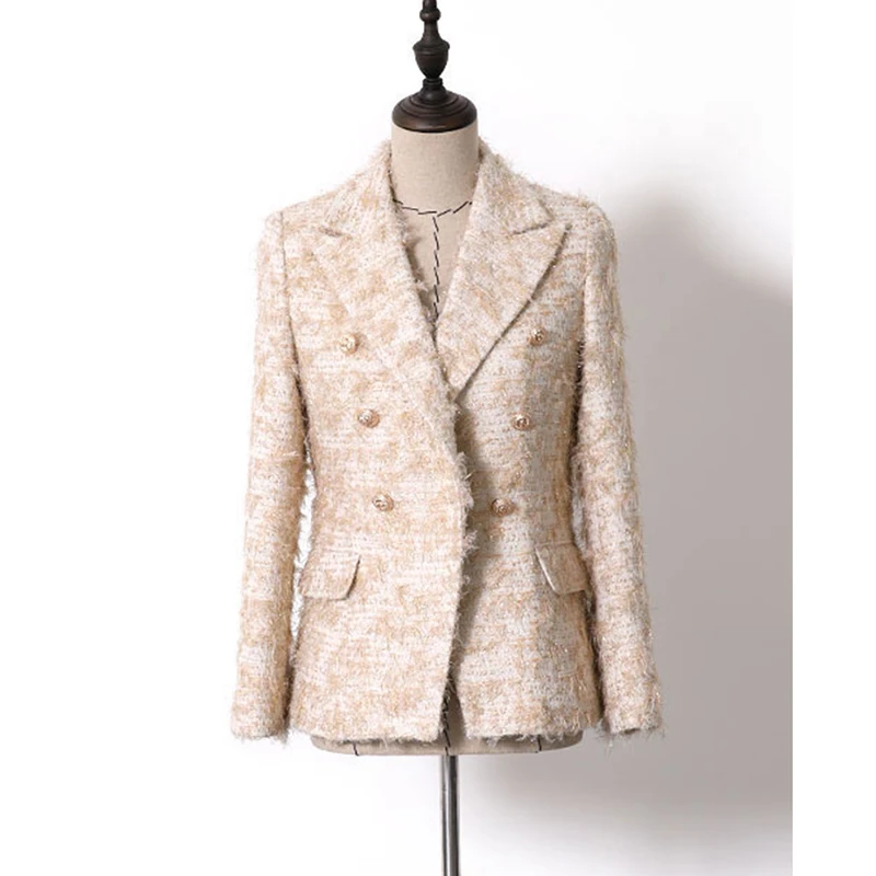 

EXCELLENT Newest 2019 Baroque Designer Career Blazer for Women Ladies Lion Buttons Double Breasted Mohair Tweed Blazer Coat