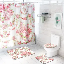 Chińska róża 4 sztuk/zestaw zasłona prysznicowa dywanik kąpielowy zestaw toaleta pokrywa zestaw Mat do kąpieli akcesoria łazienkowe zasłony z haczykami