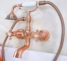 

Antique Red Copper Brass Dual Cross Handles Wall Mounted ClawFoot Bath Tub Faucet Mixer Tap With Hand Shower Spray mna340