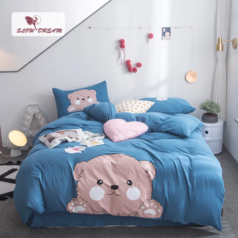 

SlowDream Bed Linens Cotton Bedding Set Comforter Cover Set Blue Bedspread Double Queen Duvet Cover Set Flat Sheet Pillowcases