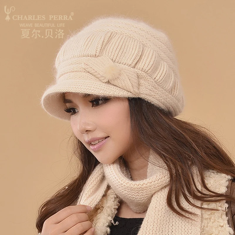 Charles Perra Women Knitted Hats Winter Thicken Double Layer Ear Protection Casual Wool Women's Hat Warm Female Beanies CD63