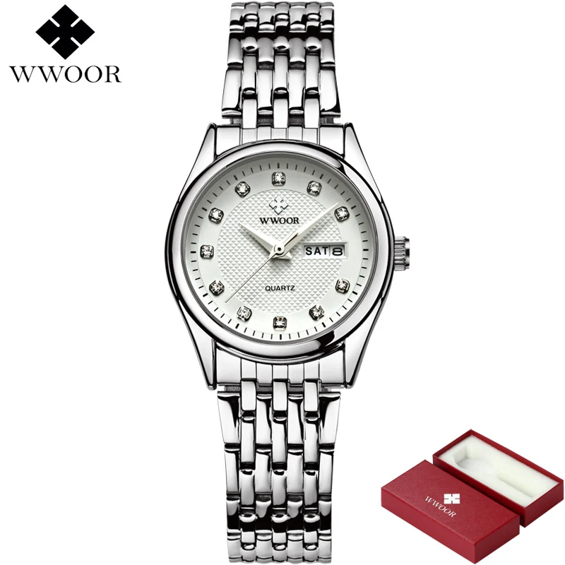 WWOOR Для женщин часы люксовый бренд Водонепроницаемый Нержавеющая сталь дамы кварцевые часы Для женщин наручные часы женский серебряный Relogio Feminino - Цвет: Белый