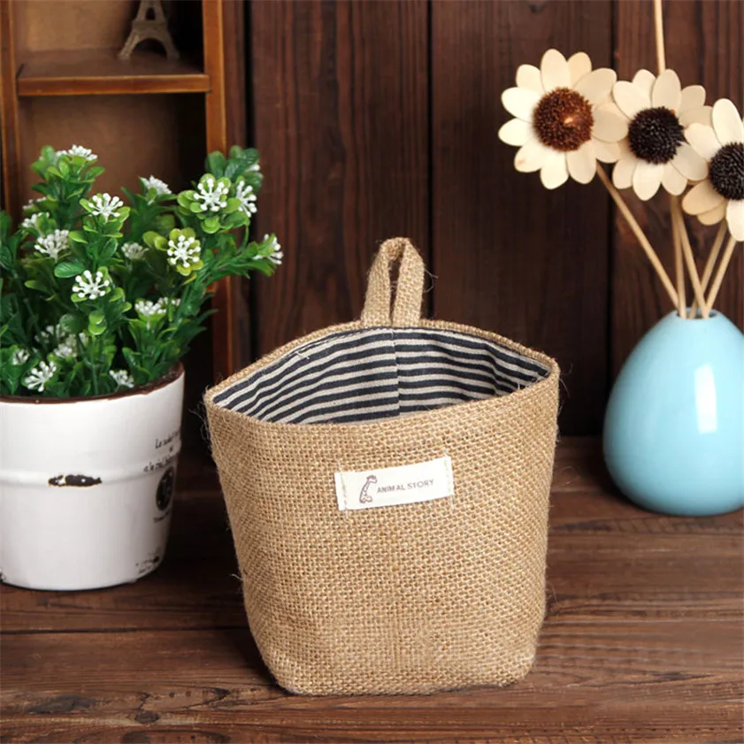 

2017 Stripe Small Storage Sack Cloth Hanging Non Woven Storage Basket Bag to make your home out of mess #0728 B