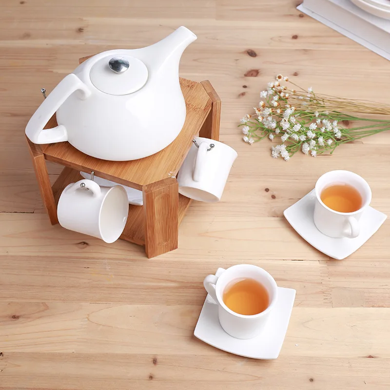 Прямой изготовленный на заказ керамический кофейный чайный сервиз 4 чашки 1 чайник кофейный набор костюм с бамбуковой рамой