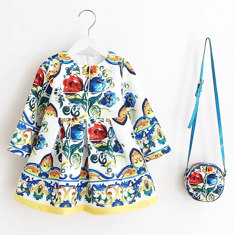 Long Sleeve Dress Girl Christmas Dress 2021 Autumn Winter Floral Print Toddler Girl Dresses Kids Clothes Children Dress with Bag cute baby dresses