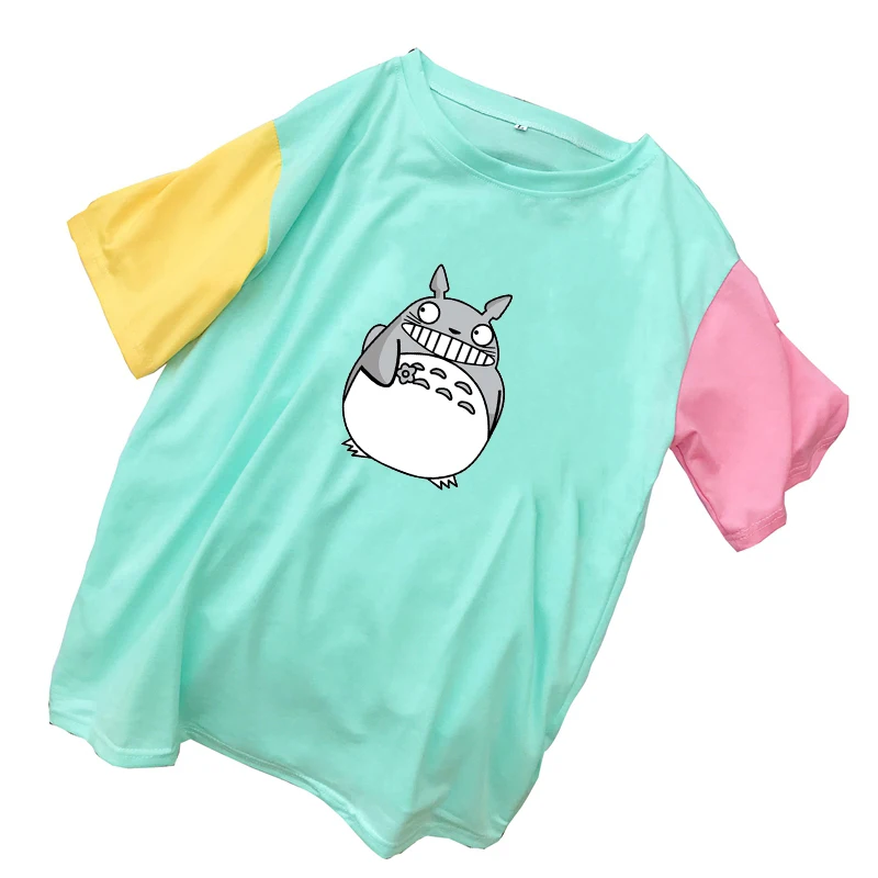 T Shirts Women Kawaii Totoro Cartoon Tops Summer Short Sleeve Korean Loose Cotton Spell Color Stitching Harajuku Tee Shirt Femme (1)
