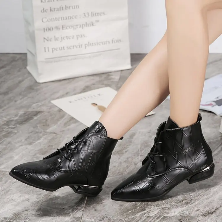 

Fashion Women Boots Casual Leather Low High Heels Winter Shoes Woman Pointed Toe Rubber Ankle Boots Black