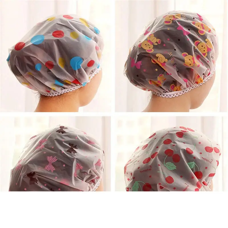 3PCs Waterproof EVA Shower Cap Thicken Elastic Bath Hat Cartoon Head Cover Bathing Cap For Women Hair Salon Bathroom Accessories