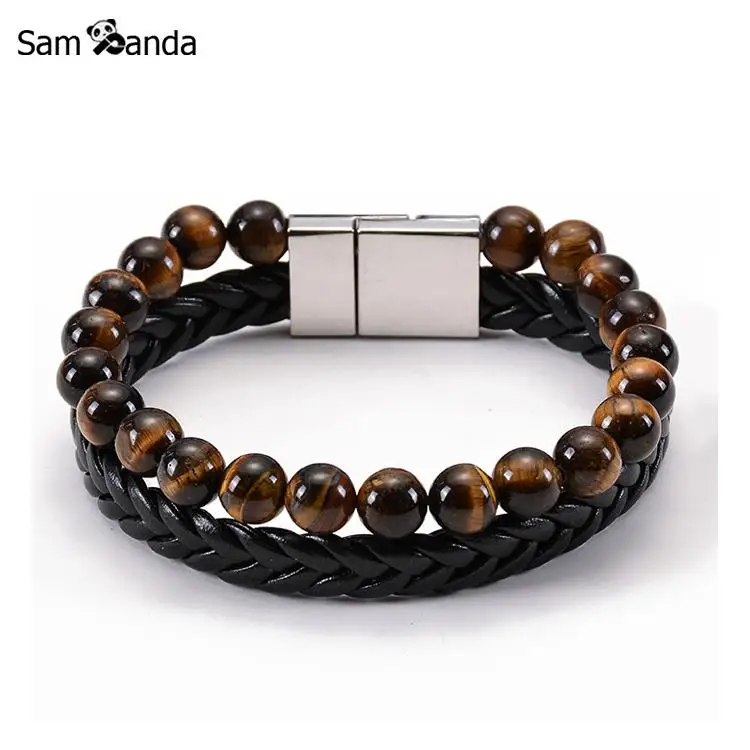 

New Natural Stone Tiger Eye Beads Men Bracelets Charm Brown Genuine Yoga Leather Bracelet For Men Women Magnetic Clasp Pulseras