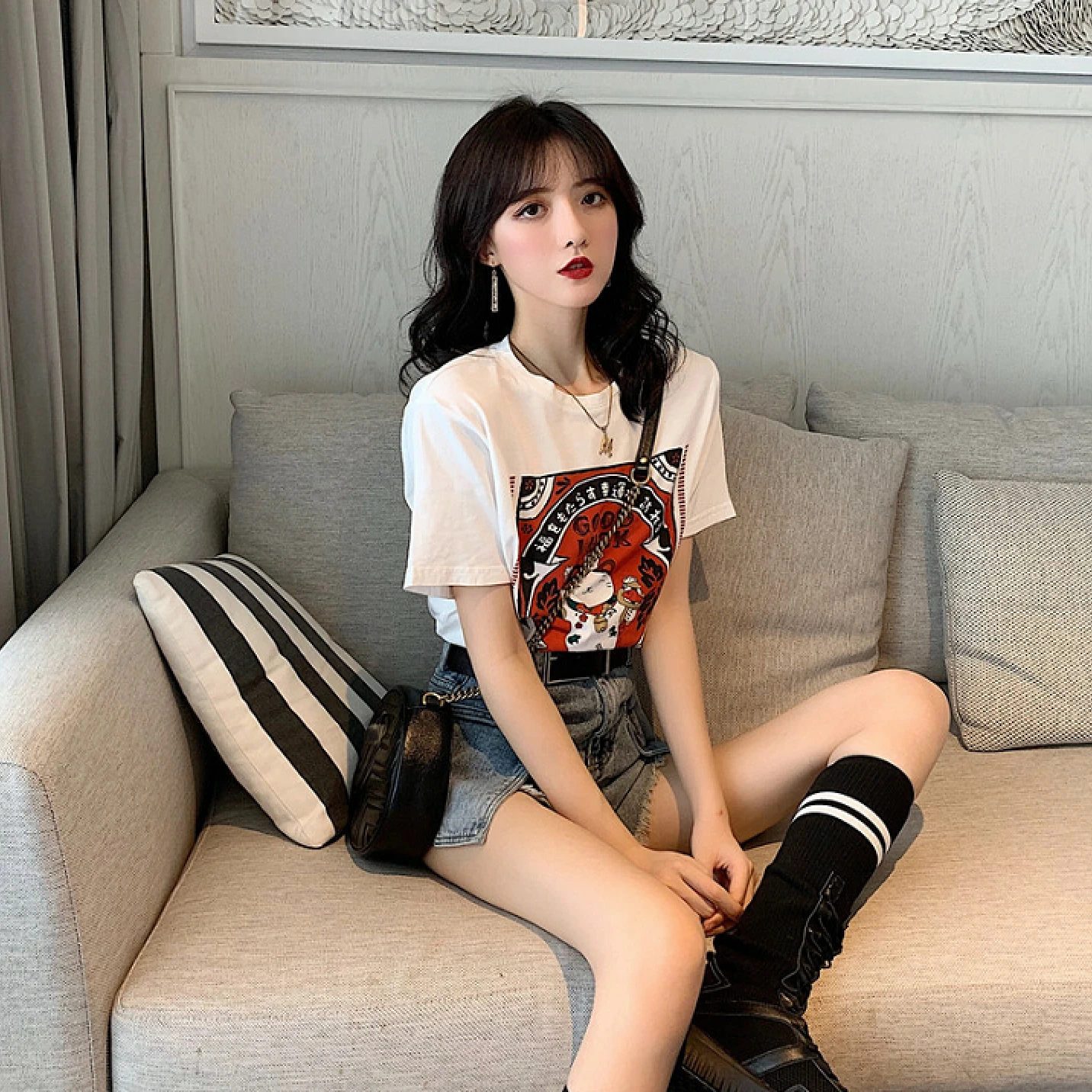 Summer 2019 New Korean Printed Short Sleeve T-shirt Fashion Loose Round-collar Top For Women | Женская одежда