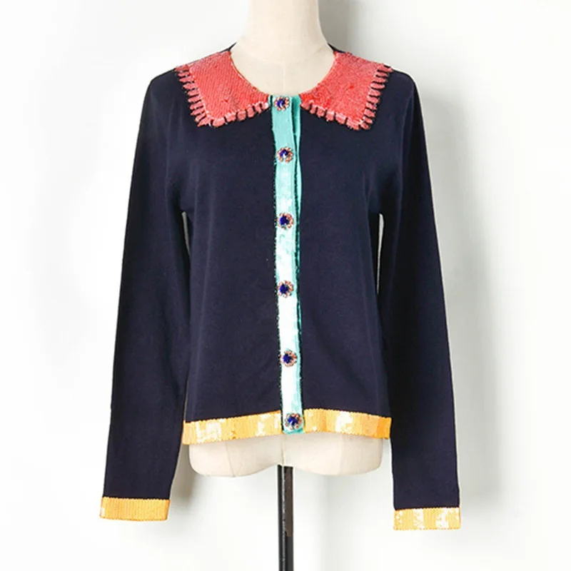

Luxury New Designer Runway Women 2019 Sequines Autumn Sweater Loose Knitted Coats Cardigan Diamonds Buttons Single-breasted Coat