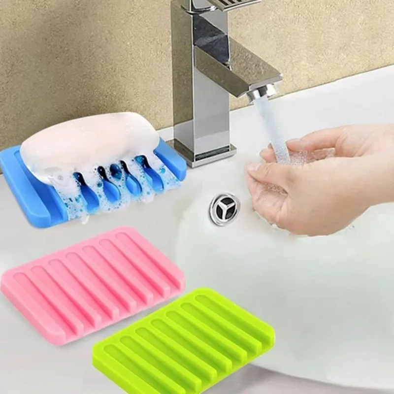 Silicone Bathroom Soap Dish Storage Holder Soapbox Plate Tray Drain Storage Box