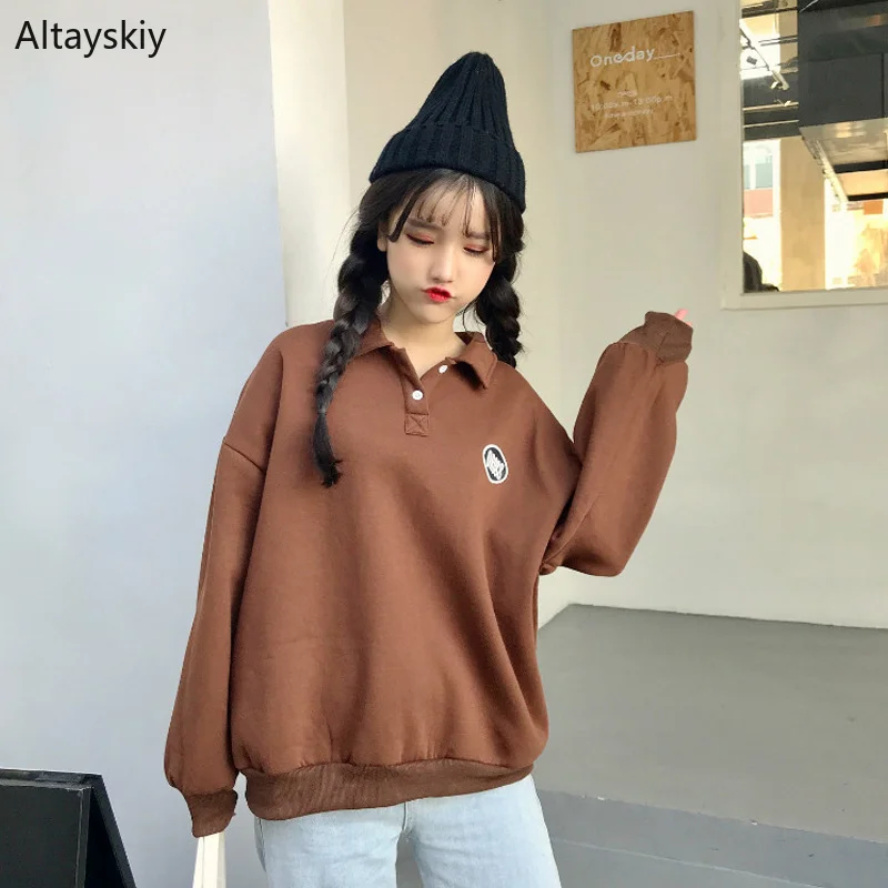 

Hoodies Women Turn-down Collar Printed Loose Simple All-match Korean Style Pullovers Womens Thicker Warm Soft Sweatshirts Chic