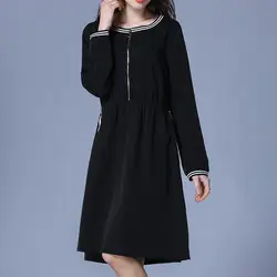 Плюс размер черное Полосатое Платье-туника с длинными рукавами на молнии женское Элегантное повседневное милое офисное вечерние модное