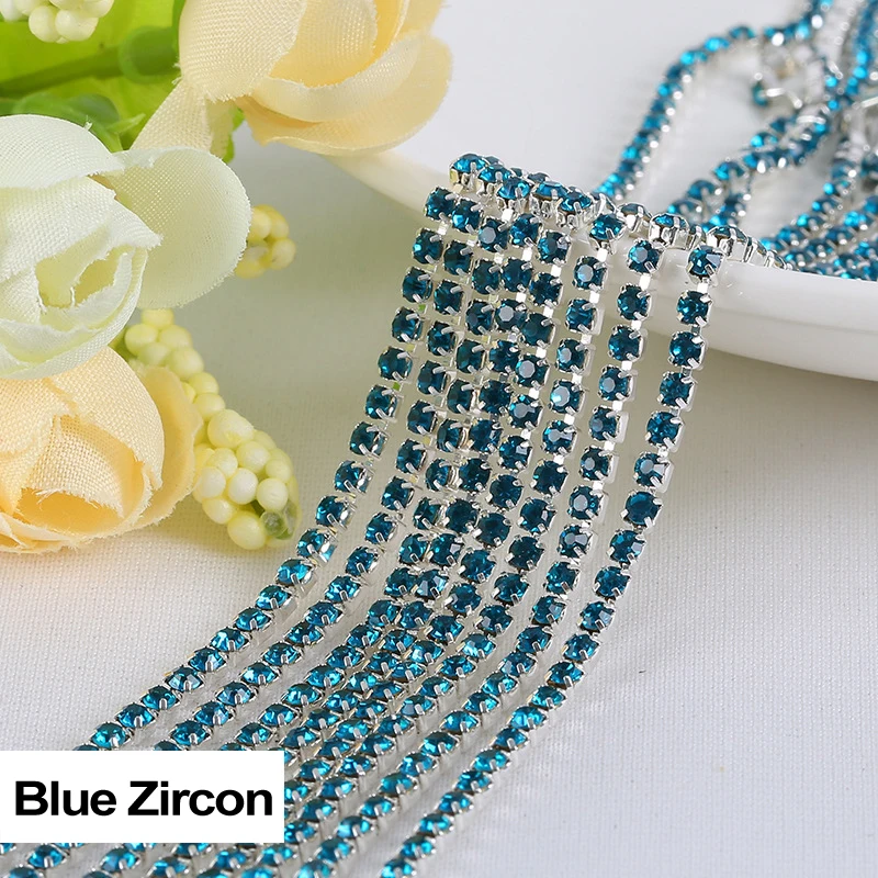

Rhinestones chain Blue Zircon 3Yards/lot SS6/SS8/SS10/SS12 Silver claw fou Garment free shipping