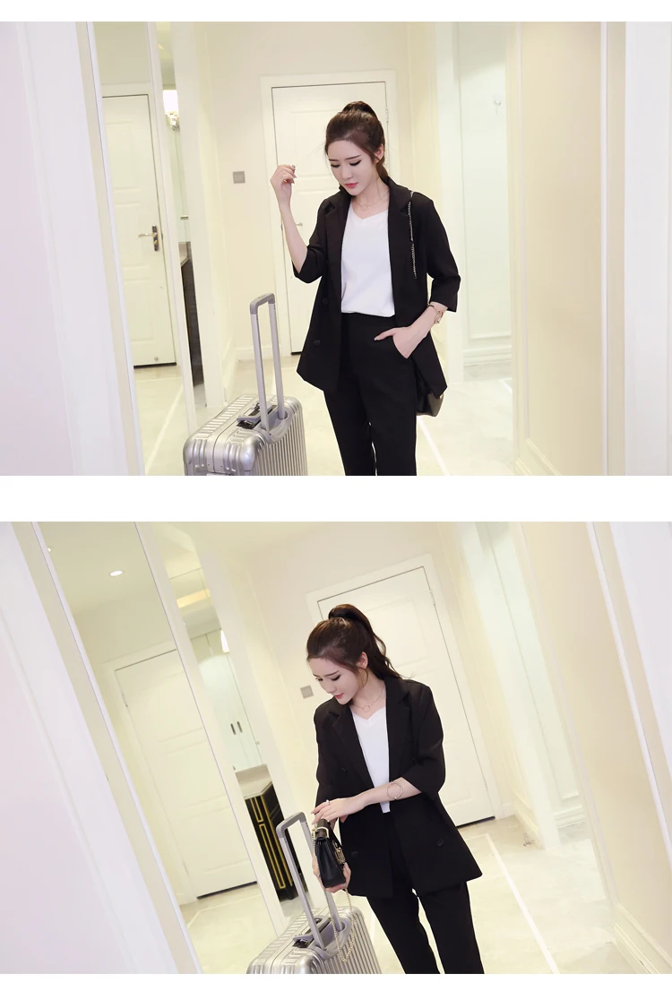 Осенний однотонный офисный женский тонкий элегантный черный Блейзер Куртка+ укороченные шаровары комплект из 2 предметов Лидер продаж S87441X