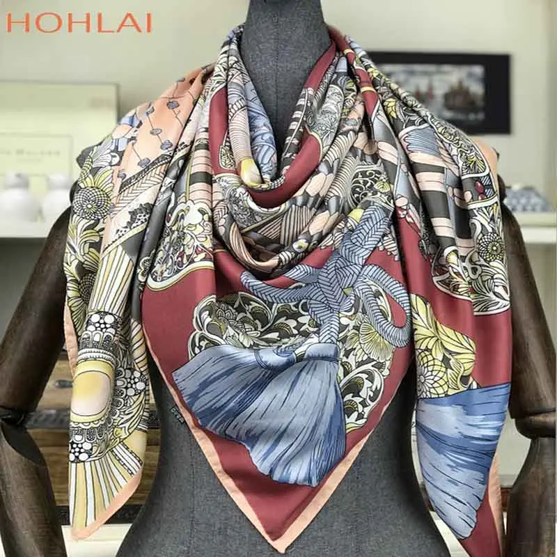 Саржевый шелковый шарф, Женская шаль с принтом, платок Fourlard Femme, квадратные шарфы для женщин, хиджаб, банданы Bufandas Mujer, 130*130 см - Цвет: 18