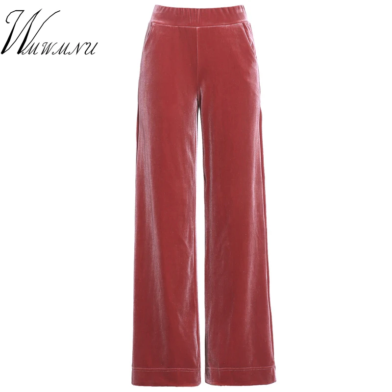 

High Quality Pleuche Straight Pants Women Hot Slae Solid Colors High Waist Loose Trousers And Casual Pocket Velet Wide Leg Pants