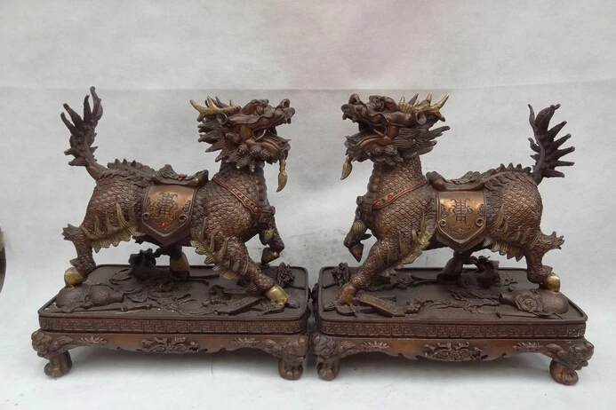 

bi003674 15" Chinese Bronze Buddhist 8 Auspicious Symbol Dragon Kylin Unicorn Statue Pair