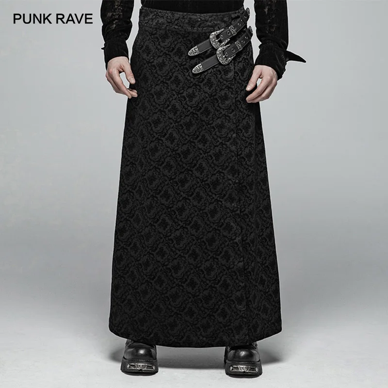 

PUNK RAVE Men's Victorian Gothic Black Long Jacquard Kilt with Two Synthetic Vegan Leather Belts Personality Skirts Pants