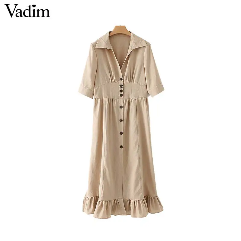 

Vadim women solid mid calf shirt dress ruffles short sleeve single breasted elegant female midi dresses QB698
