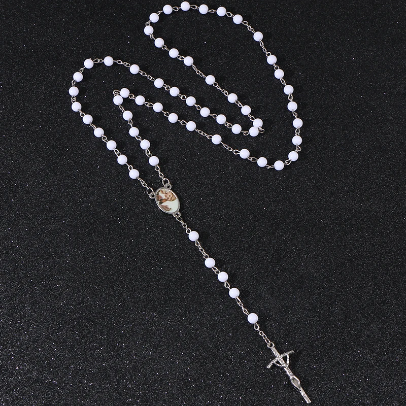

KOMi 6mm Bead Rosary Pendant Necklace Alloy Cross Virgin Mary Centrepieces Christian Catholic Religious Jewelry R-196