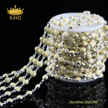 

5meters Silver Plating Wire Wrapped Beige Enamel Lampwork Glass Loose Beads Chains Making Bracelet Findings Wholesale ZJ228