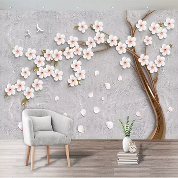 

Modern Creative Beautiful Embossed White Flower 3D Large Mural Wallpaper For Living Room TV Wall Home Decor Wall Cloth 3D Fresco