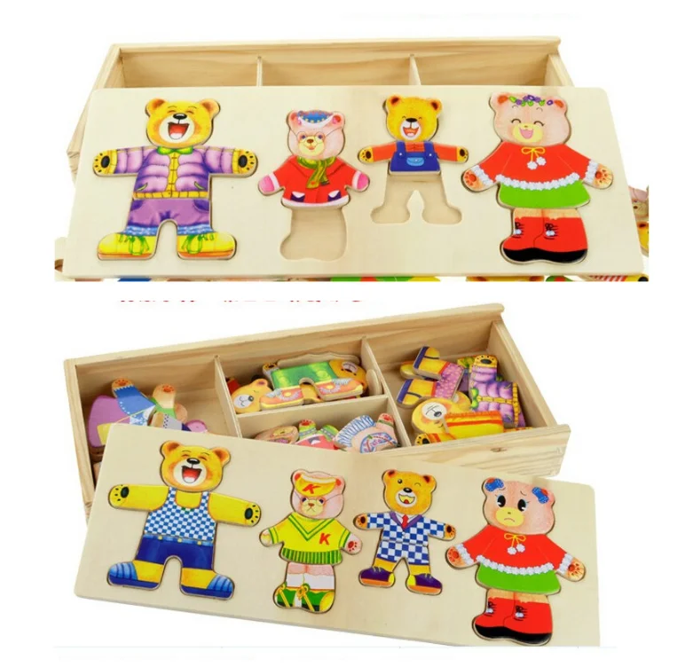 Маленький медвежонок, одежда для детей, раннее образование, деревянный пазл, Туалетная игра, детские деревянные головоломки, игрушки