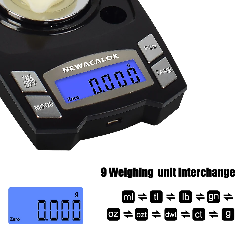 NEWACALOX 50g/100g x 0.001g USB 충전 보석 규모 LCD 디지털 포켓 정밀 전자 저울 약용 실험실 저울 무게