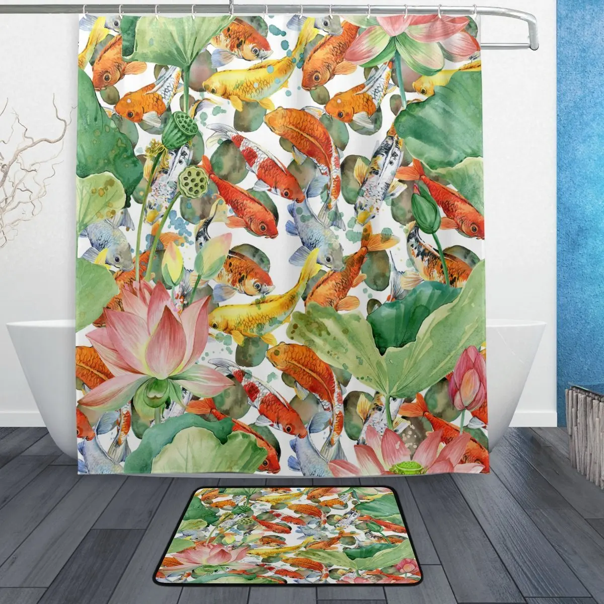 Asian Japan Japanese Shower Curtain and Mat Set, Floral Lotus Koi