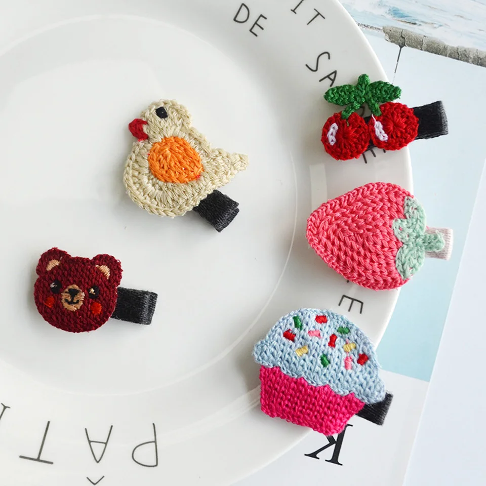 

Cute Knitting Strawberry Birthday Cupcake Lined Alligator Hair Clip Alligator Birds Barrettes For Girls Hair Accessories HC045