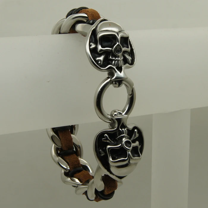 cool bone skull in pocker spade woven leather 316 stainless steel bracelet new