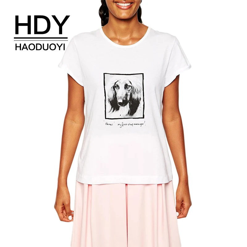 

HDY Haoduoyi 2019 Fashion Summer T-shirt Women Dog Print White Loose O-neck Short Sleeve Tops Brief Female T-shirt Free Shipping