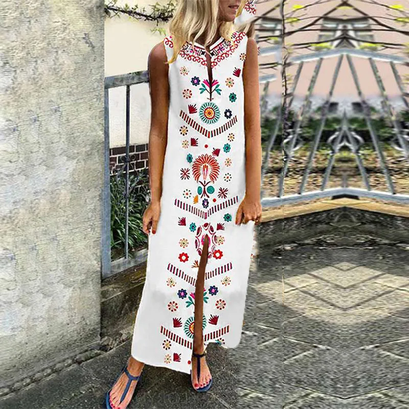 

Summer Long Dresses Woman Party Night Casual Floral Print Dress Elegant Loose Sleeveless O-Neck Maxi Dress Women Clothes 2019