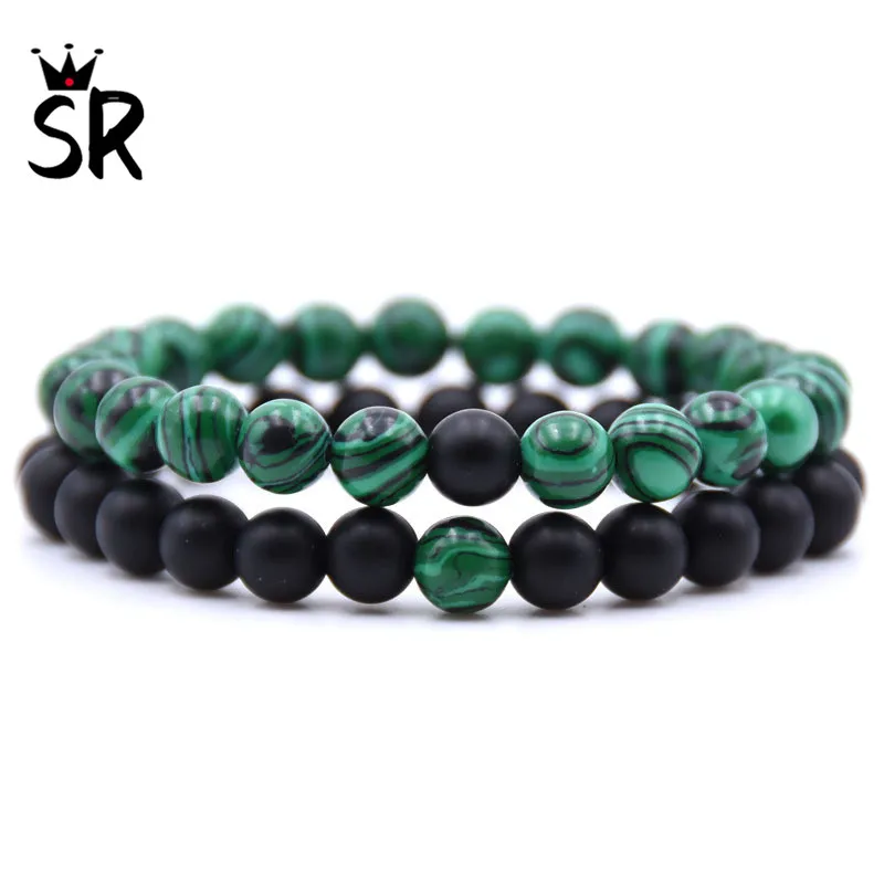

SR 2Pcs/Set Couples Distance 8mm Natural Stone Bracelet Classic Black Green Malachite Beaded Bracelets For Men Women Best Friend