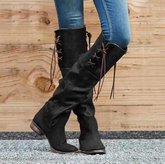Зимняя женская обувь Высокие Сапоги выше колена из искусственной кожи на шнуровке женские винтажные сапоги до бедра на среднем каблуке с перекрестной шнуровкой botas mujer