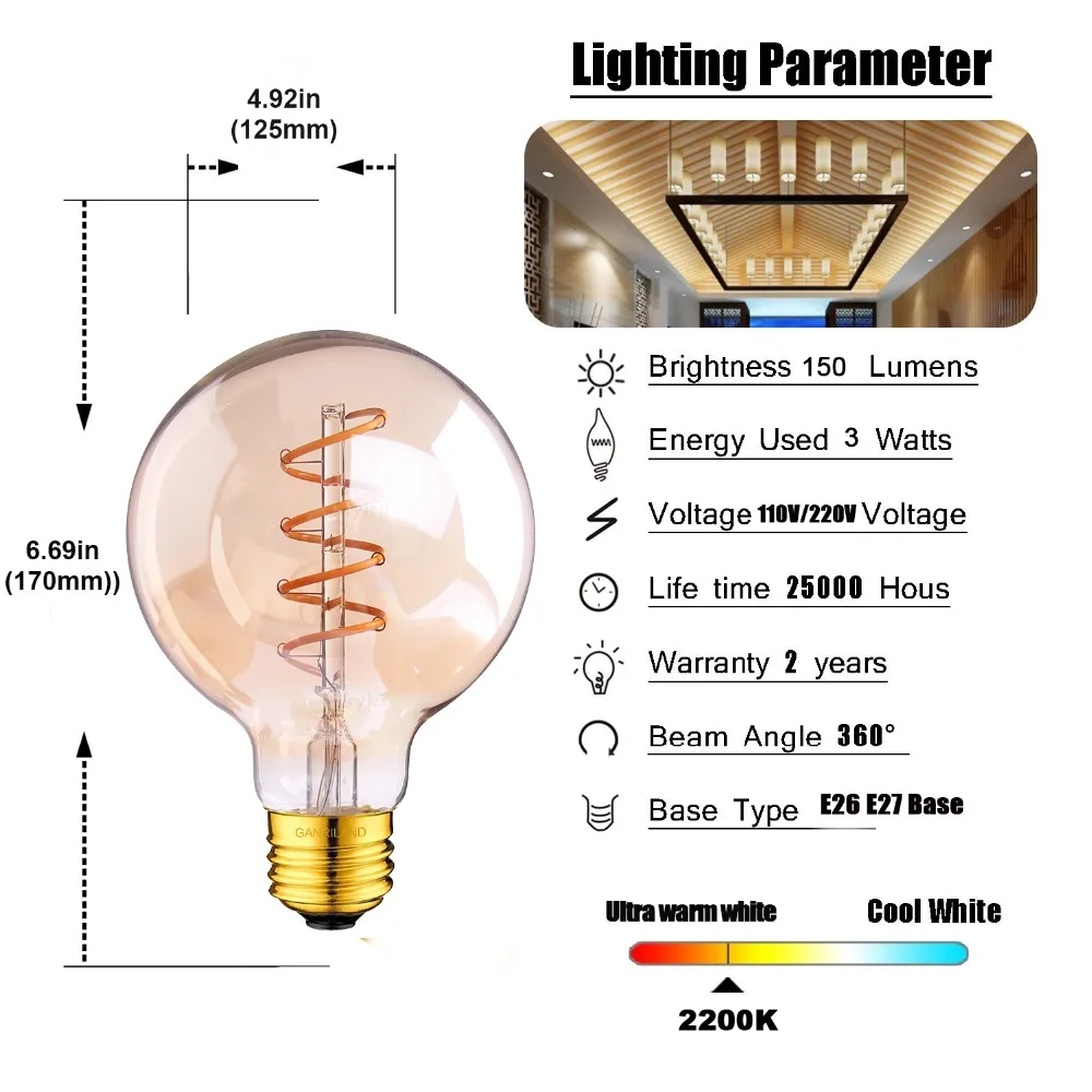 Ganriland Ретро светодиодный светильник E27 220V с регулируемой яркостью Светодиодная лампа накаливания свет 3 W 2200 K масок Diamond Gold Edison спиральные лампы G125 G80 светодиодный потолочный