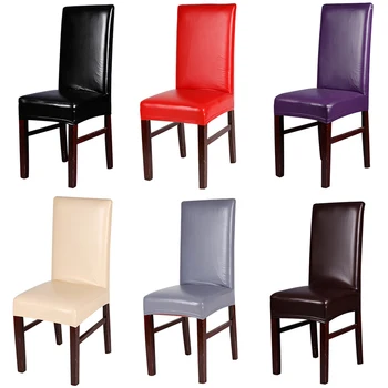 

Home Party Decor Dining Room Seat Cover Waterproof Spandex PU Stretch Wedding Banquet Printing Leather Chair Cover Q20