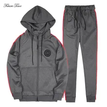 Мужской костюм Новая мода Тонкий Повседневное костюм мужской Открытый толстовки с капюшоном одноцветное пальто на молнии в полоску брюки Спортивная WY167