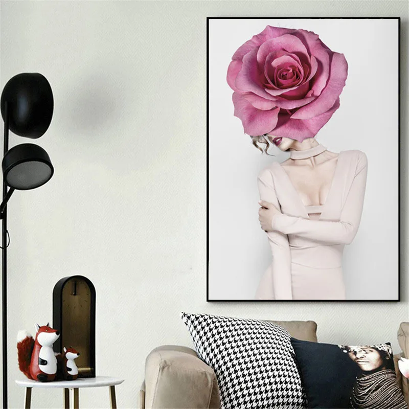 

HAOCHU Nordic Canvas Decorative Painting Poster Fashion Modern Character Flower Rose Creative Girls Bedroom Living Room Hotel