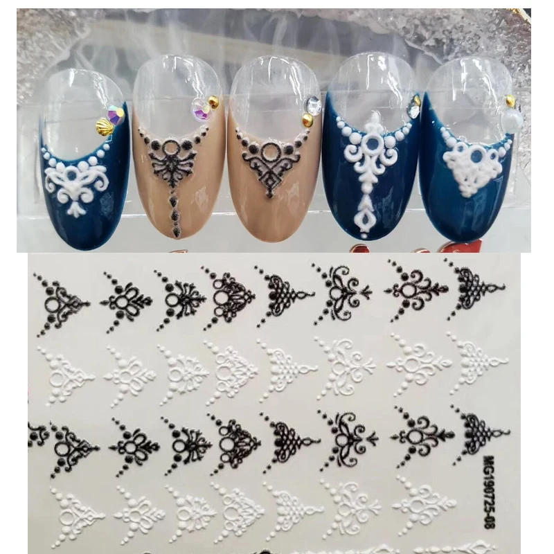 

3D new arrived Acrylic Engraved Nail Sticker black white lace design Water Decals Empaistic Nail Water Slide Decals Z0206