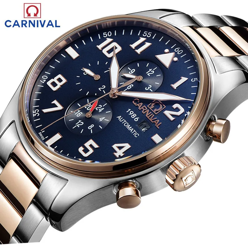 

Carnival Sapphire Automatic Mechanical Watch Men silver Stainless steel waterproof Watch relogio masculine
